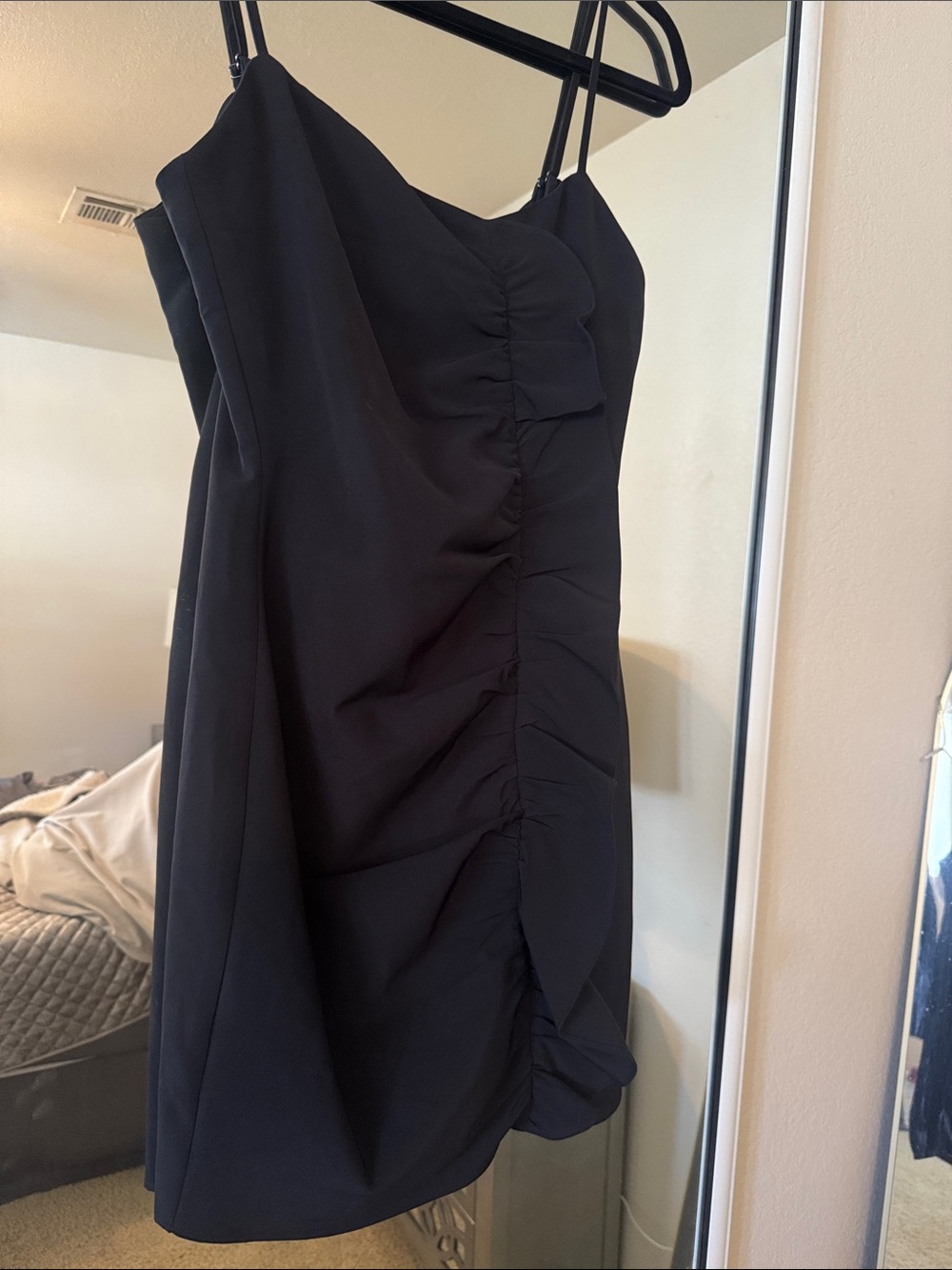Parker Black Ruched Spaghetti Strap Mini Dress
